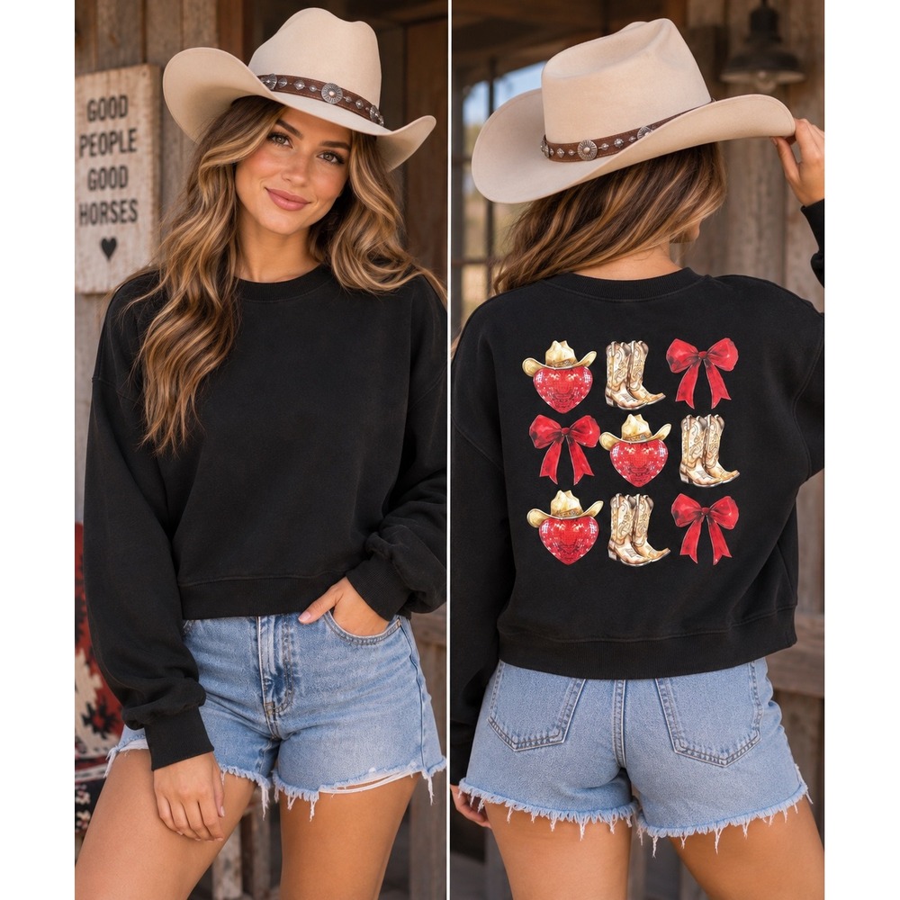 H&M Black Cropped Sweatshirt L Custom Cowgirl Western Bow Cowboy Boots